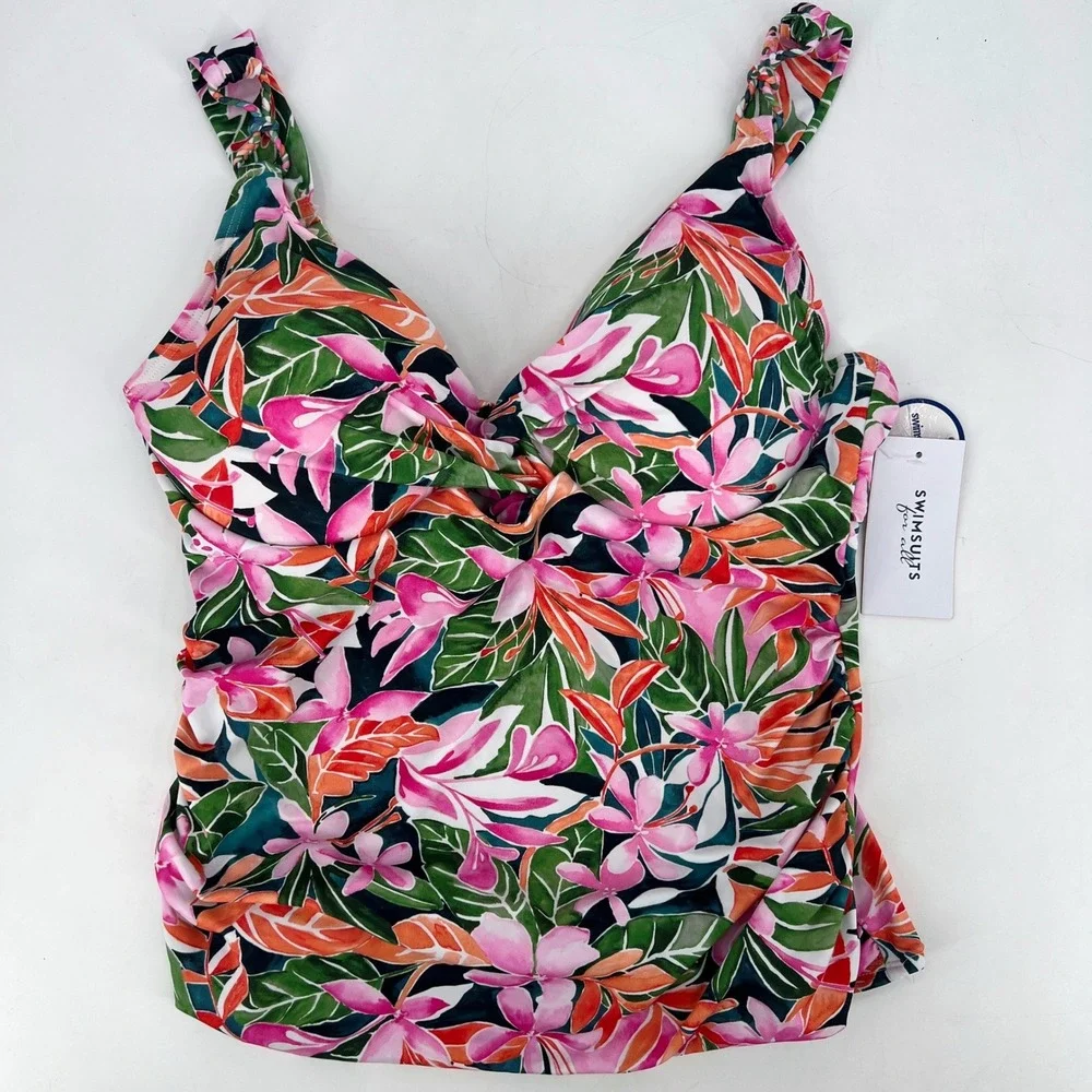 NWT Swimsuits For All‎ Tankini Top Pink Tropical Floral Hawaii Hawaiian Size 14